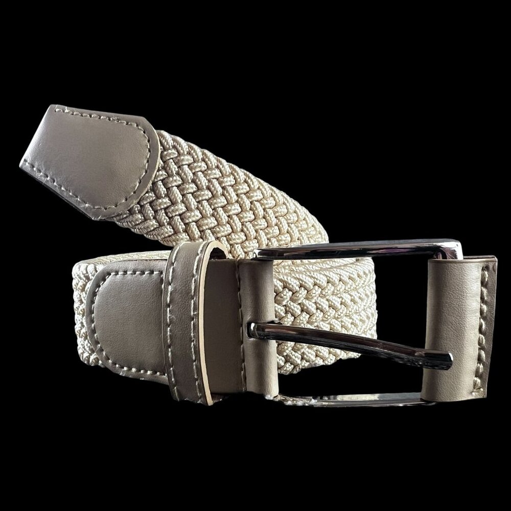 Mens Braided Beige Elastic Woven Golf Belt Faux Leather Accents Silver Buckle 43